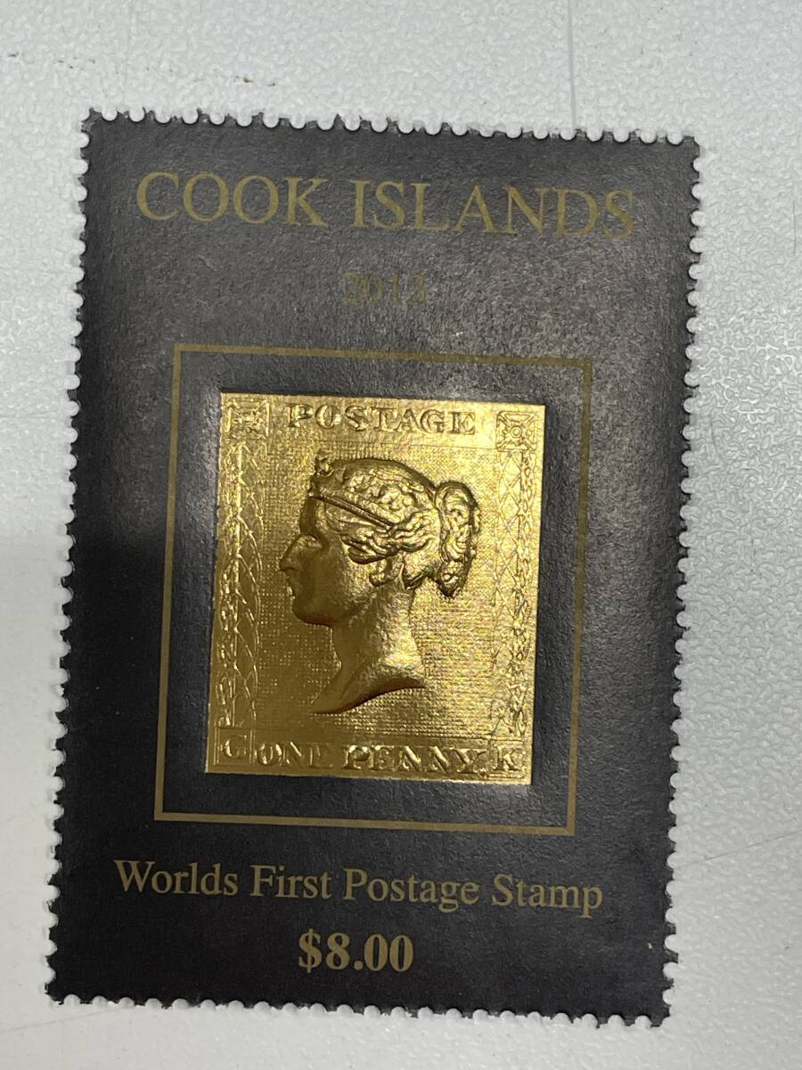 コレクター必見 COOK ISLANDS 2013 ONE PENNY クック諸島 ＄8.00 ペニーブラック記念切手 金色 切手 額 レトロ コレクション N689_画像2