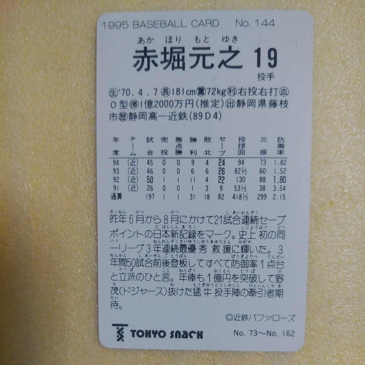 東京スナック　１９９５カルビー野球カード№１４４赤堀元之（近鉄）_画像2