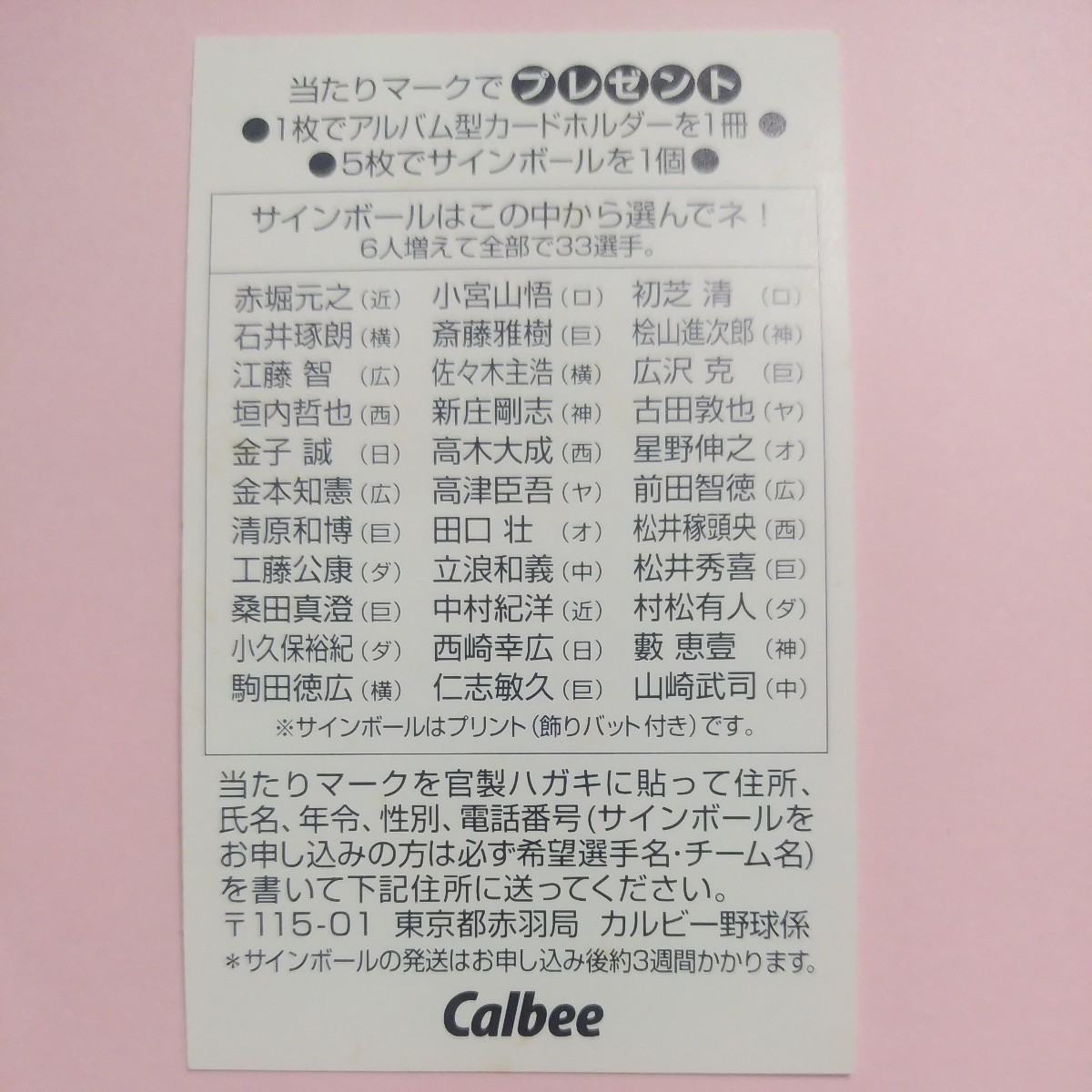 １９９７カルビー野球カード　当たりカード　広島カープ　裏面33人版_画像2