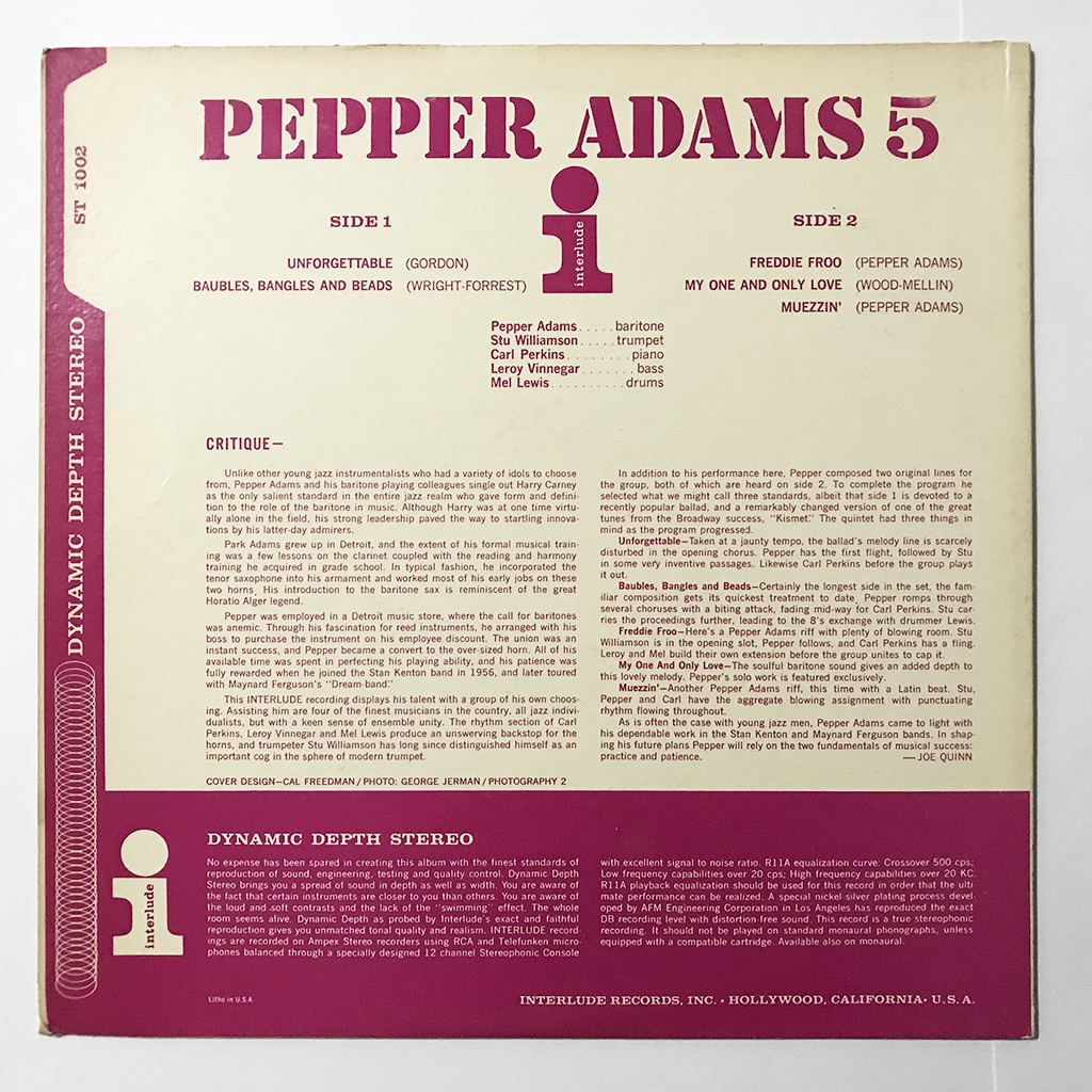 US ORIG LP■Pepper Adams■Pepper Adams 5■Interlude 美女ジャケ アメリカ盤 オリジナル ステレオ【試聴できます】_画像3