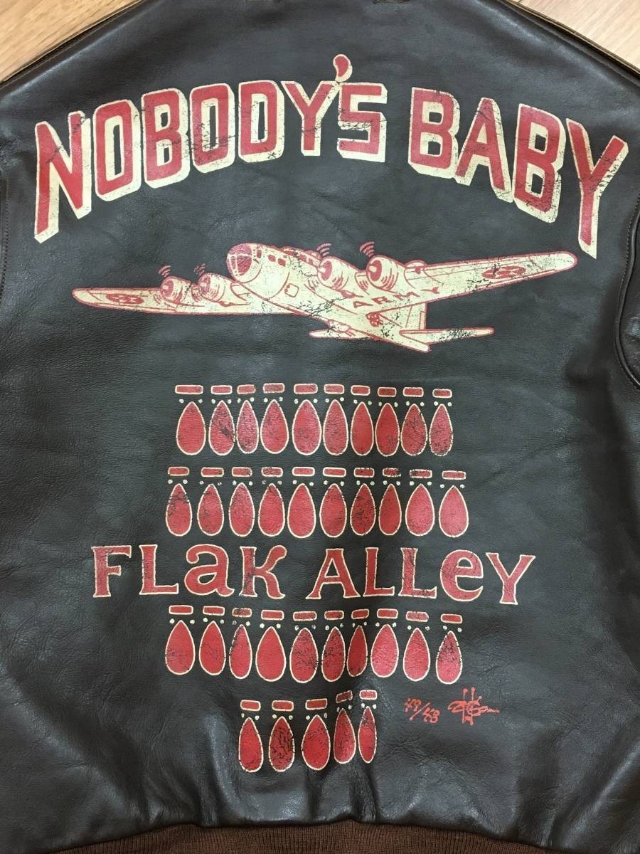 極美品 49着限定 TOYS McCOY ROUGH WEAR TYPE A-2 NOBODY’S BABY トイズマッコイ ラフウェア フライトジャケット 実名復刻 ツインタグ 36_画像3