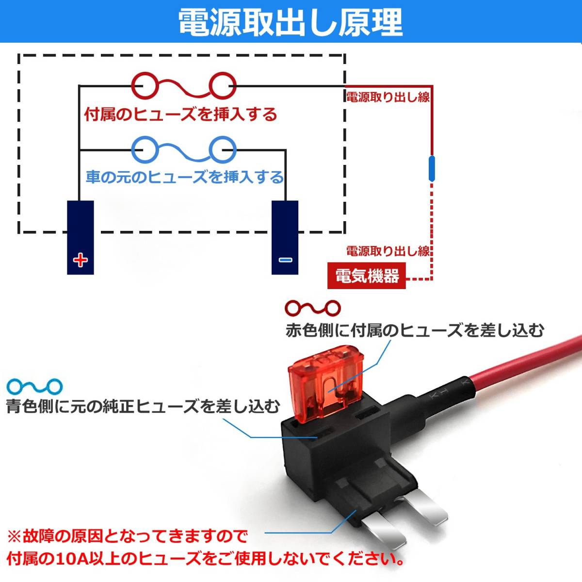 ＃EBZR【10本セット レッド】ミニ平型 ヒューズ電源取り出し配線 12V24V兼用 10A ヒューズ付き 車平型ヒューズホルダー_画像3