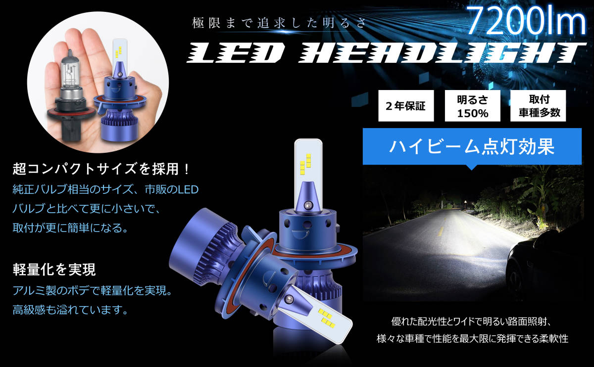 ＃AKXD【2個セット】H13 LED ヘッドライト バルブ 車用 小型 高輝度 取付簡単 7200lmx2 6500K DC12~24V 純正交換の画像8