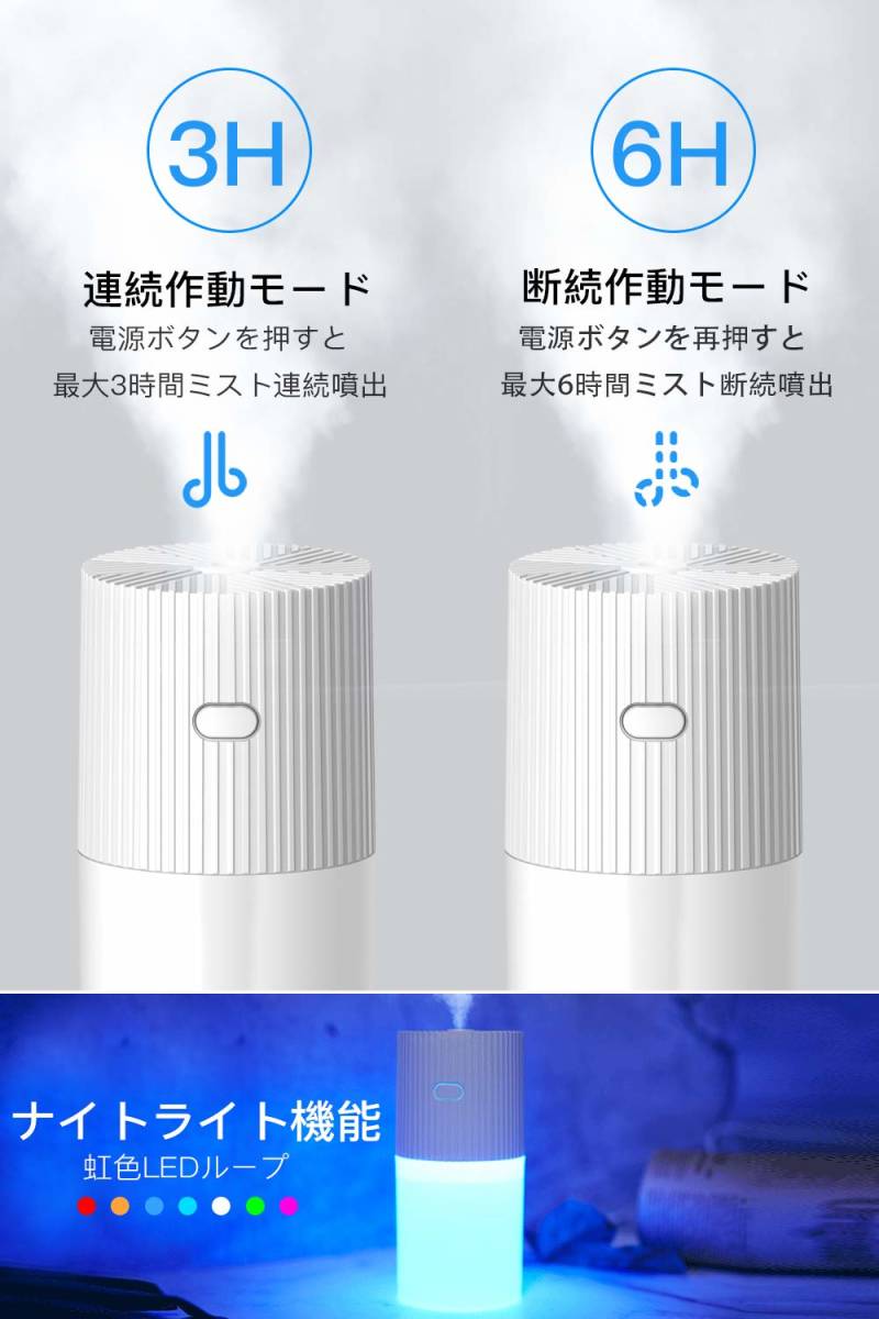 【送料無料】卓上加湿器 300ml アロマ加湿器 超音波加湿器 除菌 USB給電 空焚き防止 ７色LED 静音 車用 乾燥対策 花粉症対策 7時間稼働_画像4