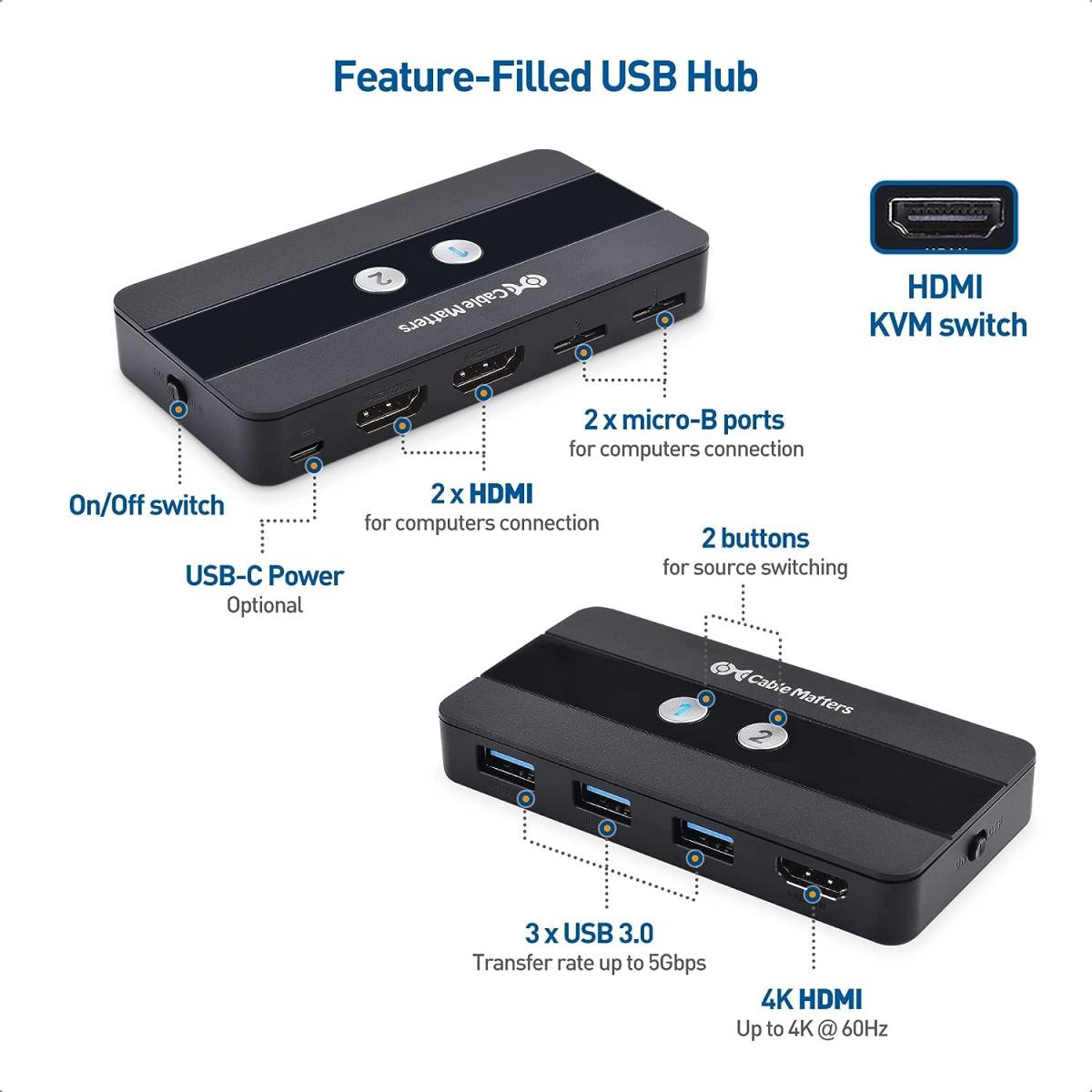 Cable Matters USB 3.0 KVM HDMI スイッチ 4K@60Hz HDMI ビデオ & 3X 5Gbps USBポートを備えた2台のコンピュータ用 HDMI KVM スイッチ_画像3