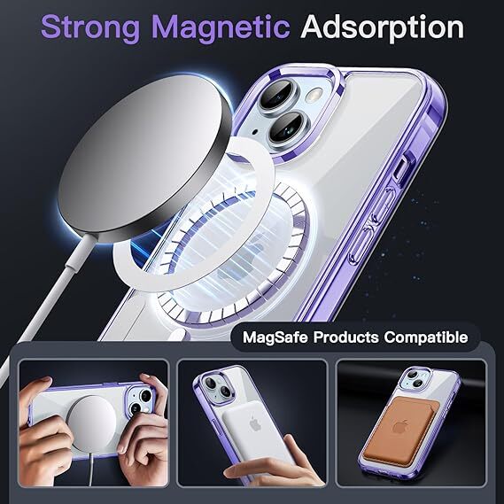 JEDirect iPhone 15 6.1インチ用 マグネット ケース MagSafe ワイヤレス充電対応 衝撃吸収 バンパーカバー 透明バック (ライトパープル)_画像4