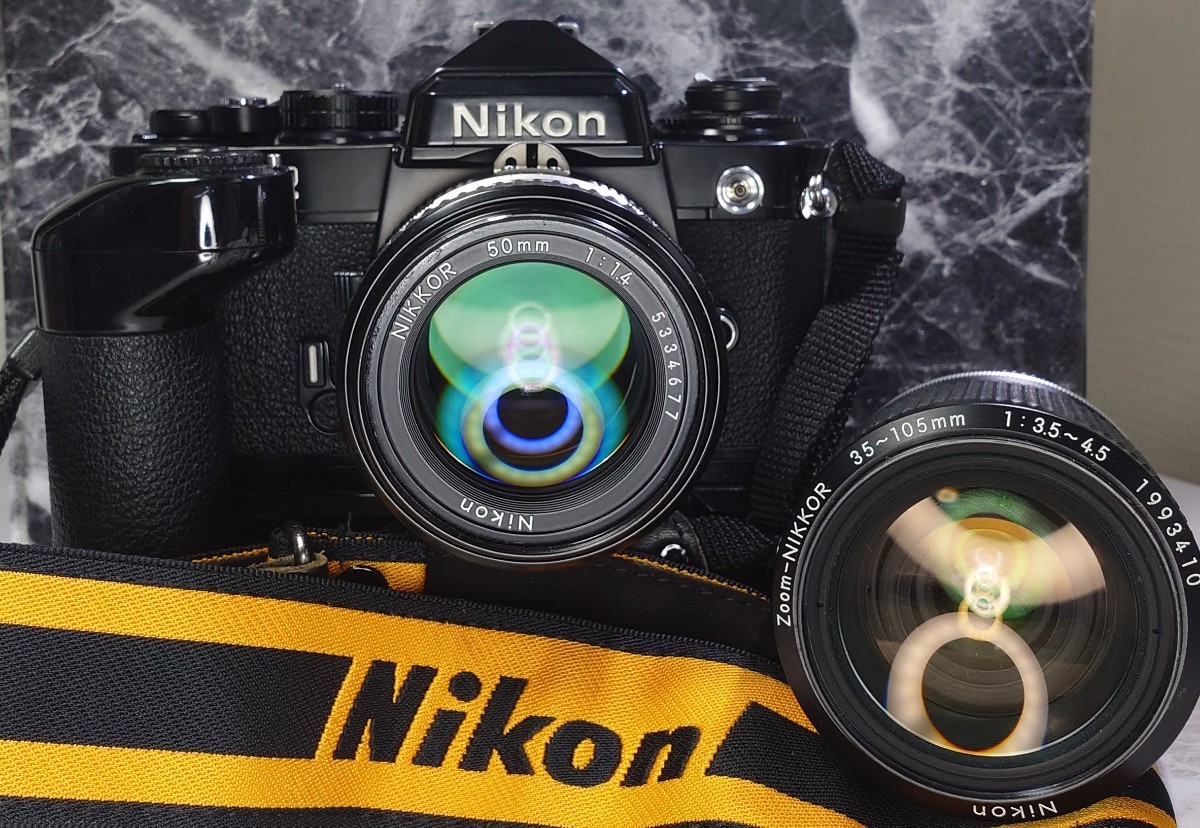 【終活整理】 Nikon FE2黒 美品＋Ai-s NIKKOR 50mm f1.4＋35-105mm マクロ付ズーム＋モータードライブMD−12 各動作良好 露出計OK 光学OK_画像2