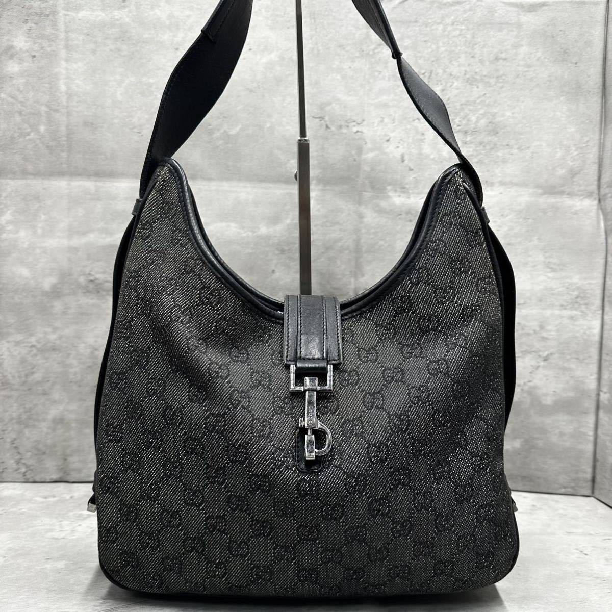 1円〜 GUCCI グッチ ワンショルダー ジャッキー カンデンスキー トートバッグ レザー ブラック GG キャンバス ショルダーバッグ 黒色_画像2