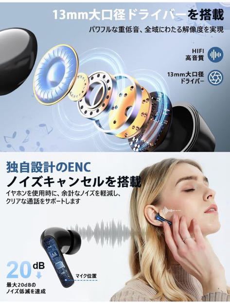 Bluetooth イヤホン ワイヤレス ブルートゥース JGU 数字LEDディスプレイ表示 両耳ENCノイズキャンセリング 長時間連続再生 自動ペアリング