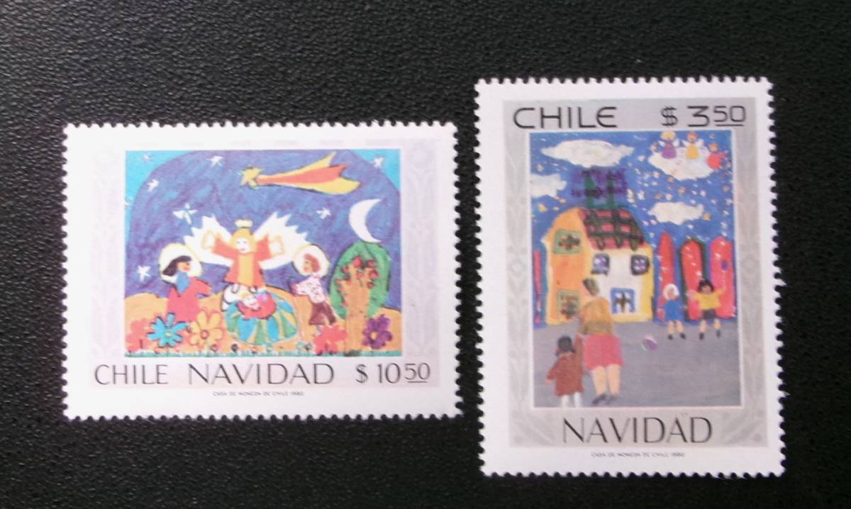 チリ共和国発行 エンジェルとファミリーなどクリスマス切手 ２種完 NH 未使用_画像1