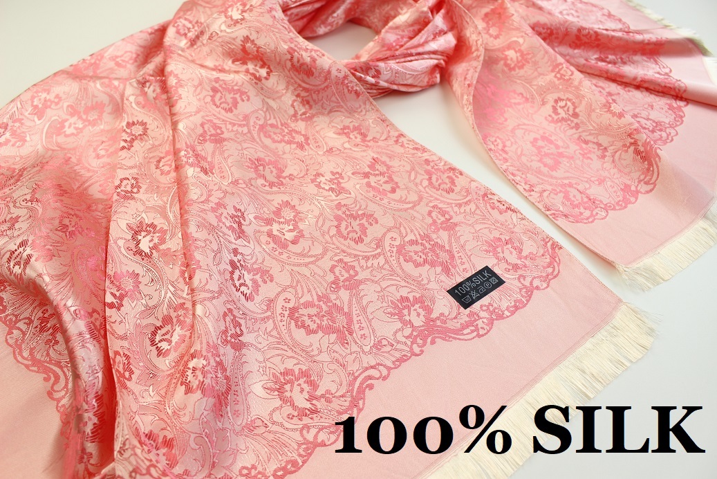 新品【SILK シルク100%】華 ペイズリー柄 大判 薄手 ストール/スカーフ 春色 サーモンピンク系 ベージュ_画像1