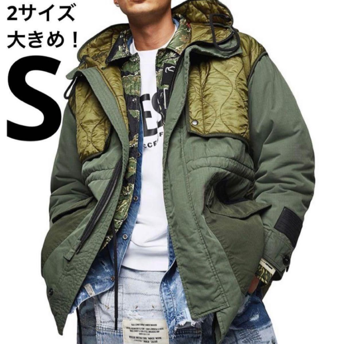 新品ディーゼルDIESEL異素材切り替え中綿ロングジャケットモッズ 新品ディーゼルDIESEL異素材切り替え中綿ロングジャケットモッズ