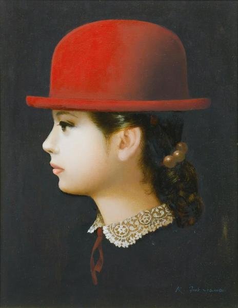 真作】【WISH】深沢邦朗「赤い帽子の横顔」油彩 6号 1994年作 一 真作】【WISH】深沢邦朗「赤い帽子の横顔」油彩 6号 1994年作 一