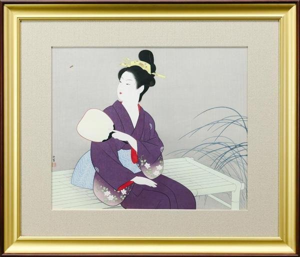 真作】【WISH】上村松園「蛍」木版画 約8号 モモセ版 証明書付 真作】【WISH】上村松園「蛍」木版画 約8号 モモセ版 証明書付