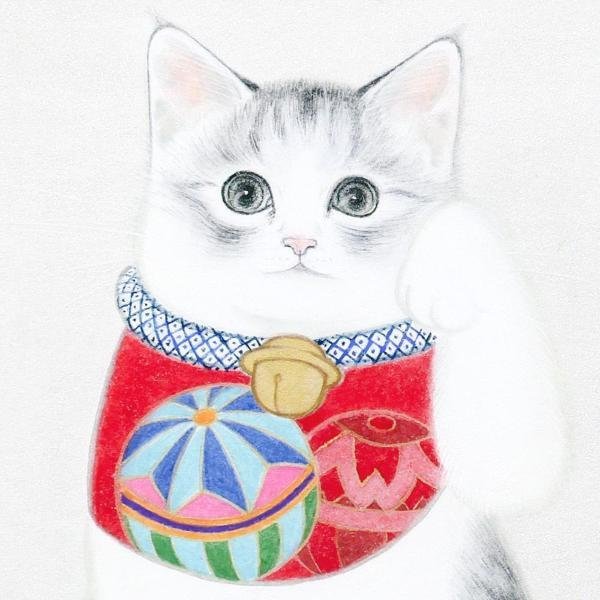 【真作】【WISH】久野千恵美「招き猫」日本画 SM 金泥仕様 共シール ◆愛らしい猫 　　〇招き猫の画家 名鉄百貨店個展 #24022106_画像4