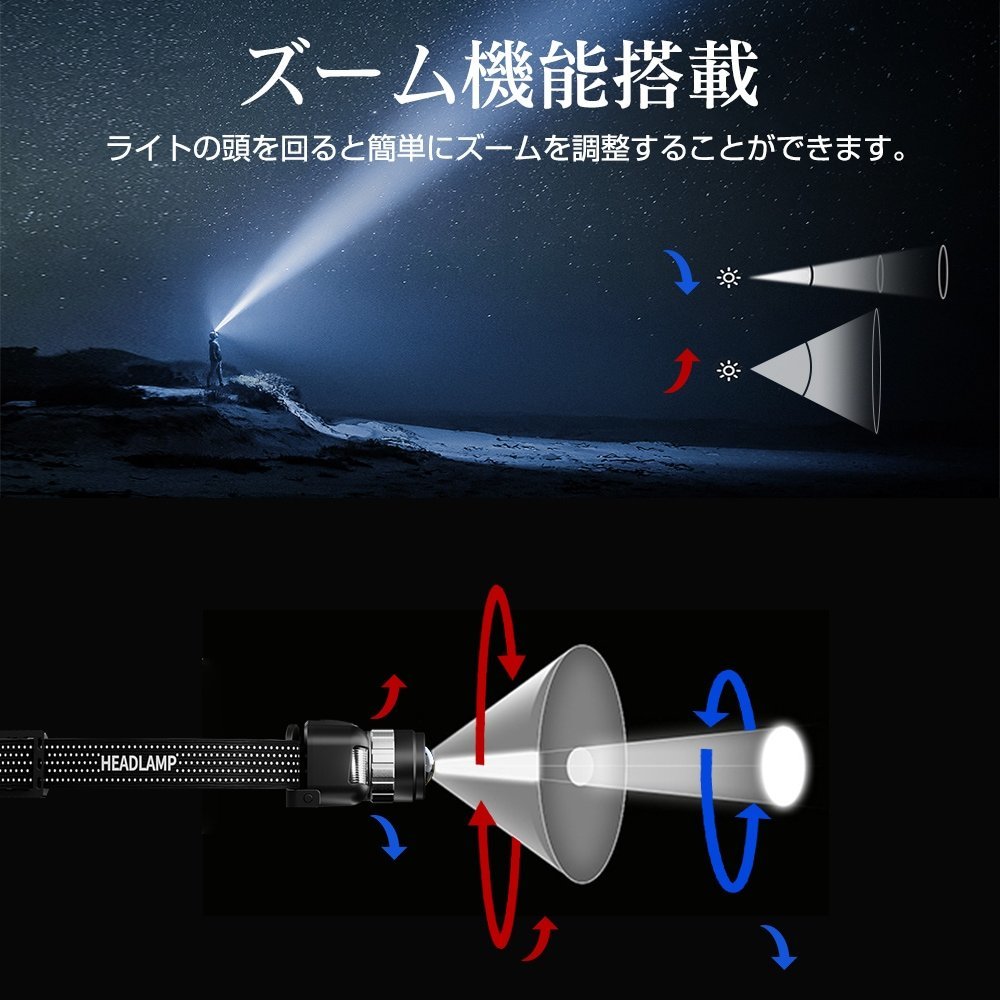 ヘッドライト 超高輝度 5200ルーメン LED センサー感応 角度調整 防水防塵 充電式 軽量 防滑 作業灯 懐中電灯 キャンプ 登山 釣り_画像8