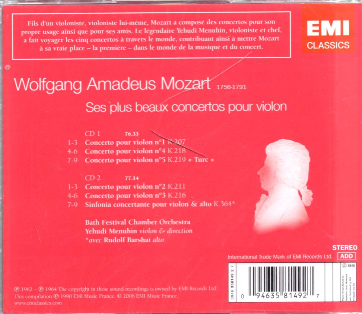 pc306　　　モーツアルト：SES PLUS BEAUX CONCERTOS POUR VIOLIN /MENUHIN(2CD)_画像2