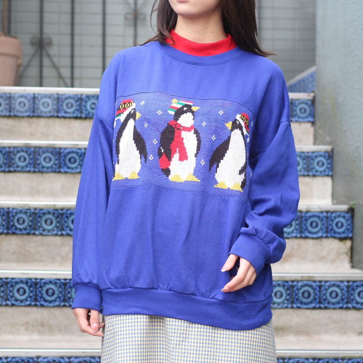 USA VINTAGE STEPPING STONES PENGUIN DESIGN KNIT SWITCHED DESIGN SWEAT SHIRT/アメリカ古着ペンギンデザインニットデザインスウェット