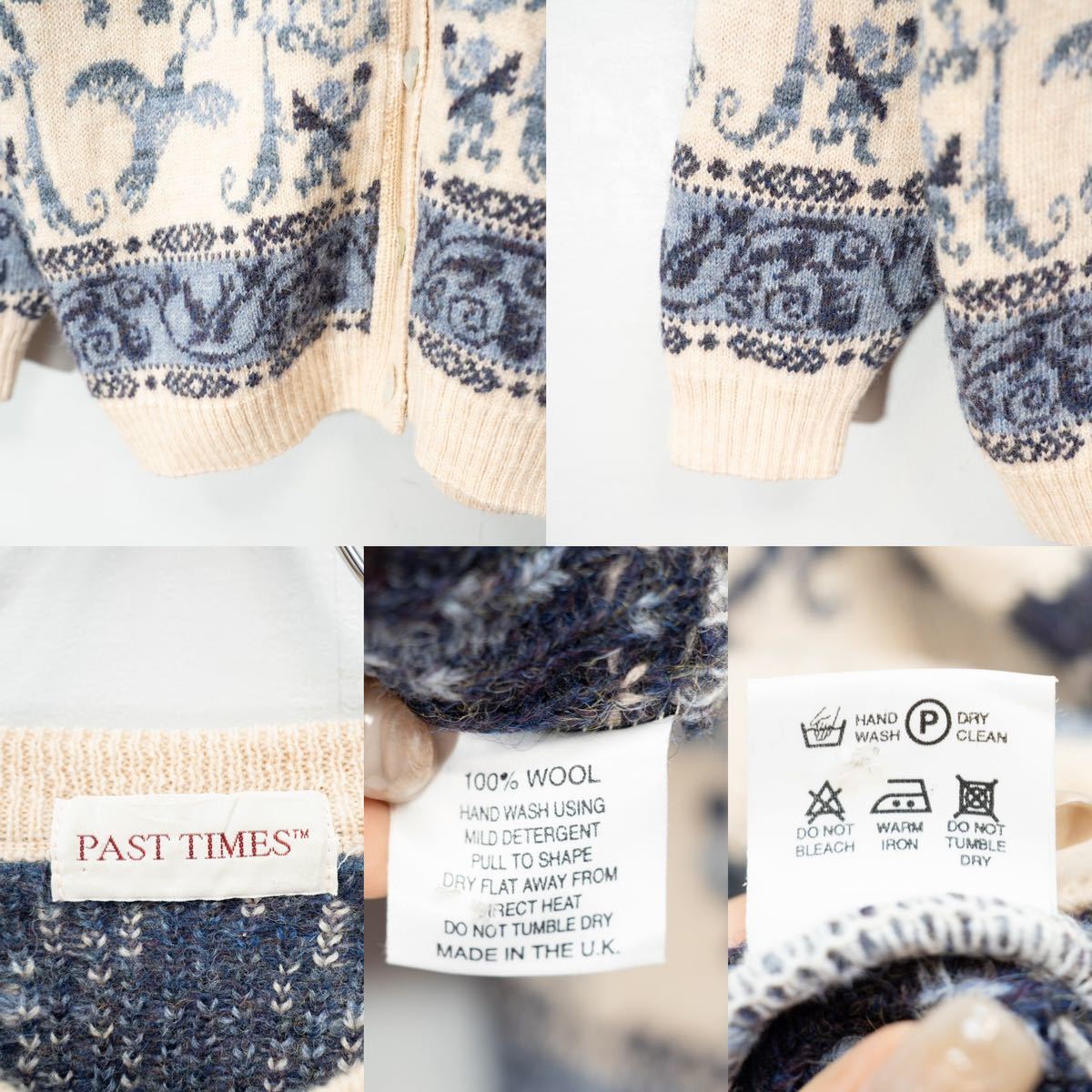 EU VINTAGE PAST TIMES RETRO DESIGN KNIT CARDIGAN MADE IN  UK/ヨーロッパ古着レトロデザインニットカーディガン