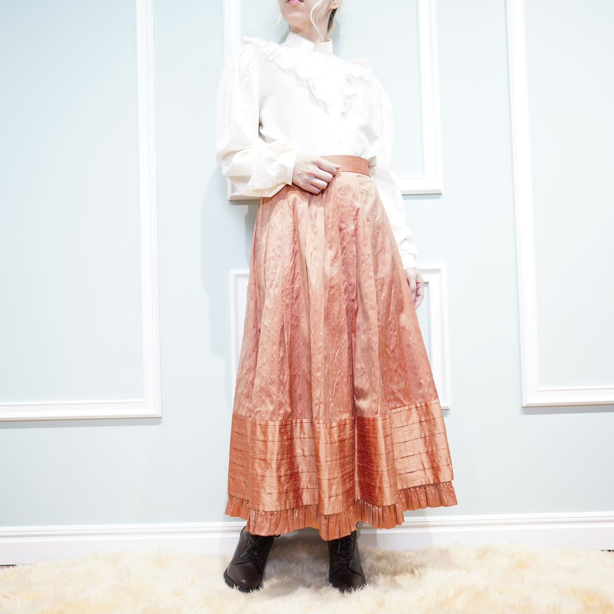 EU VINTAGE INZY DESIGN SILK PLEATES DESIGN LONG SKIRT/ヨーロッパ古着シルクプリーツデザインロングスカート_画像2