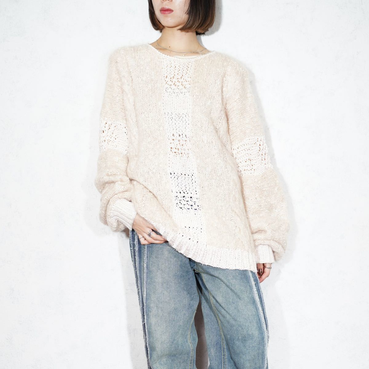 EU VINTAGE CABLE DESIGN MOHAIR KNIT/ヨーロッパ古着ケーブルデザインモヘアニット_画像1