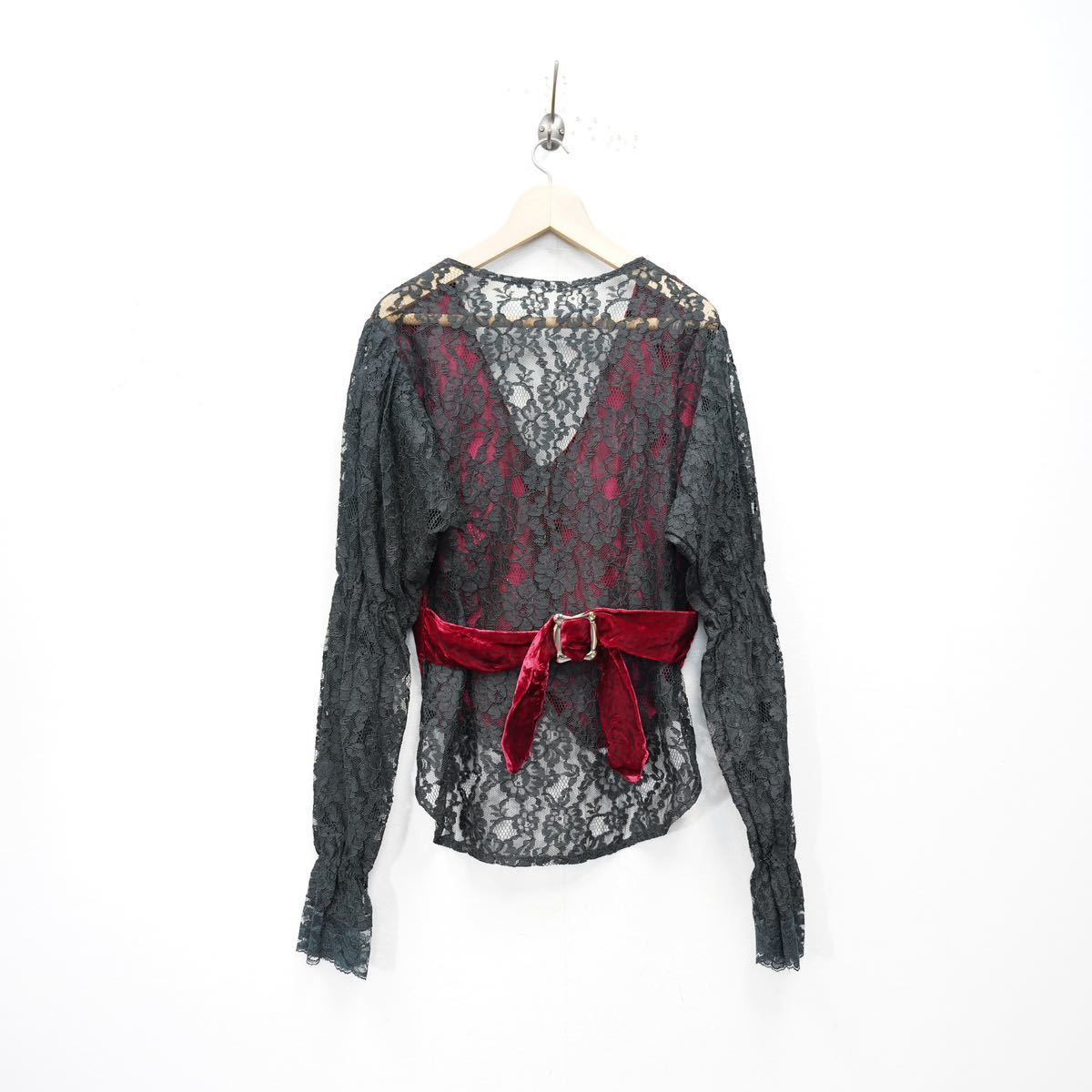 USA VINTAGE LACE UP VELOUR LACE DESIGN TOPS/アメリカ古着レースアップベロアレースデザイントップス_画像6