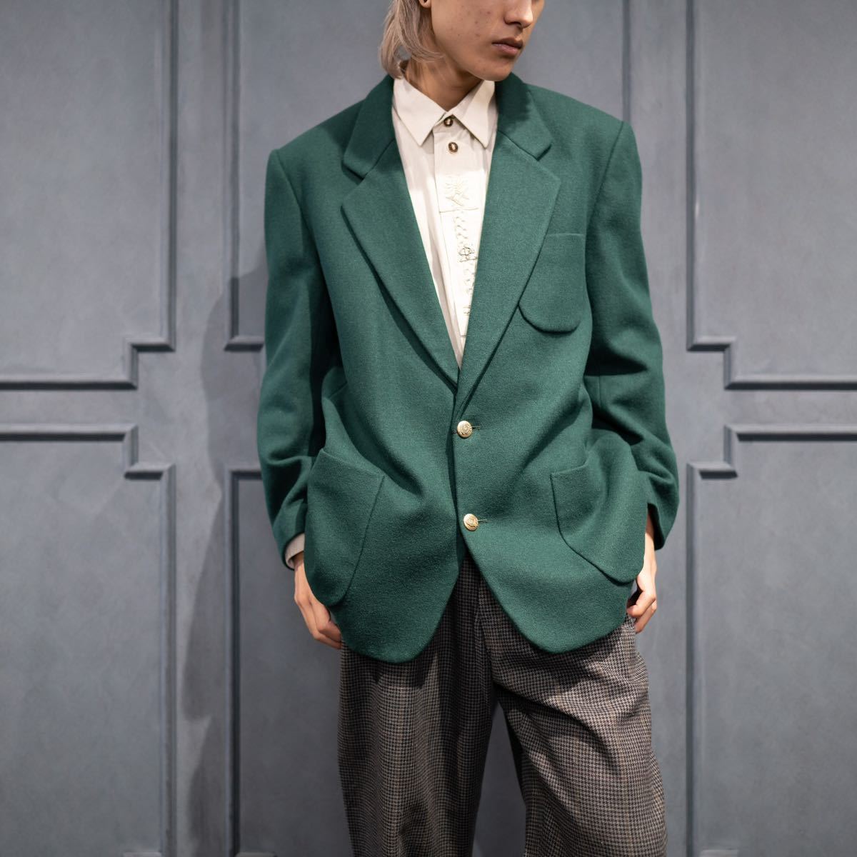 RETRO VINTAGE GOLD BUTTON GREEN COLOR WOOL TAILORED JACKET/レトロ古着金ボタングリーンカラーウールテーラードジャケット_画像1