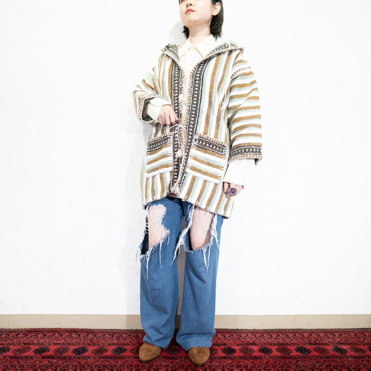 USA VINTAGE STRIPE PATTERNED HOODIE NATIVE DESIGN COAT/アメリカ古着ストライプ柄フーディネイティブデザインコート_画像2