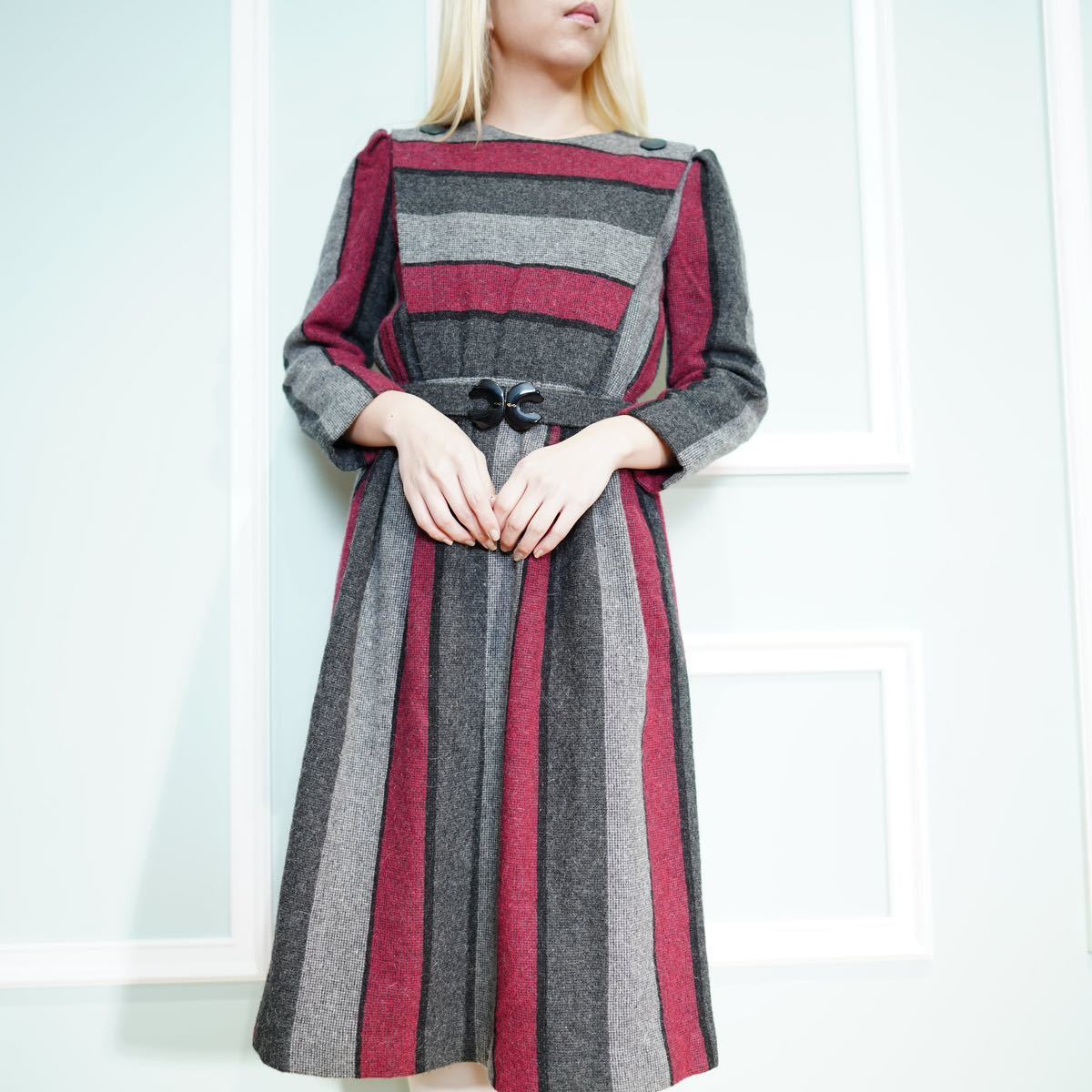 RETRO VINTAGE STRIPE PATTERNED BELTED DESIGN WOOL ONE PIECE/レトロ古着ストライプ柄ベルテッドデザインウールワンピース_画像2