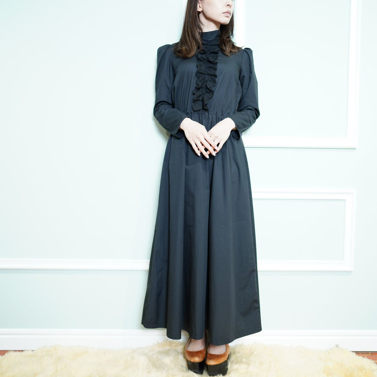 USA VINTAGE BLACK COLOR FRILL DESIGN LONG ONE PIECE/アメリカ古着ブラックカラーフリルデザインロングワンピース