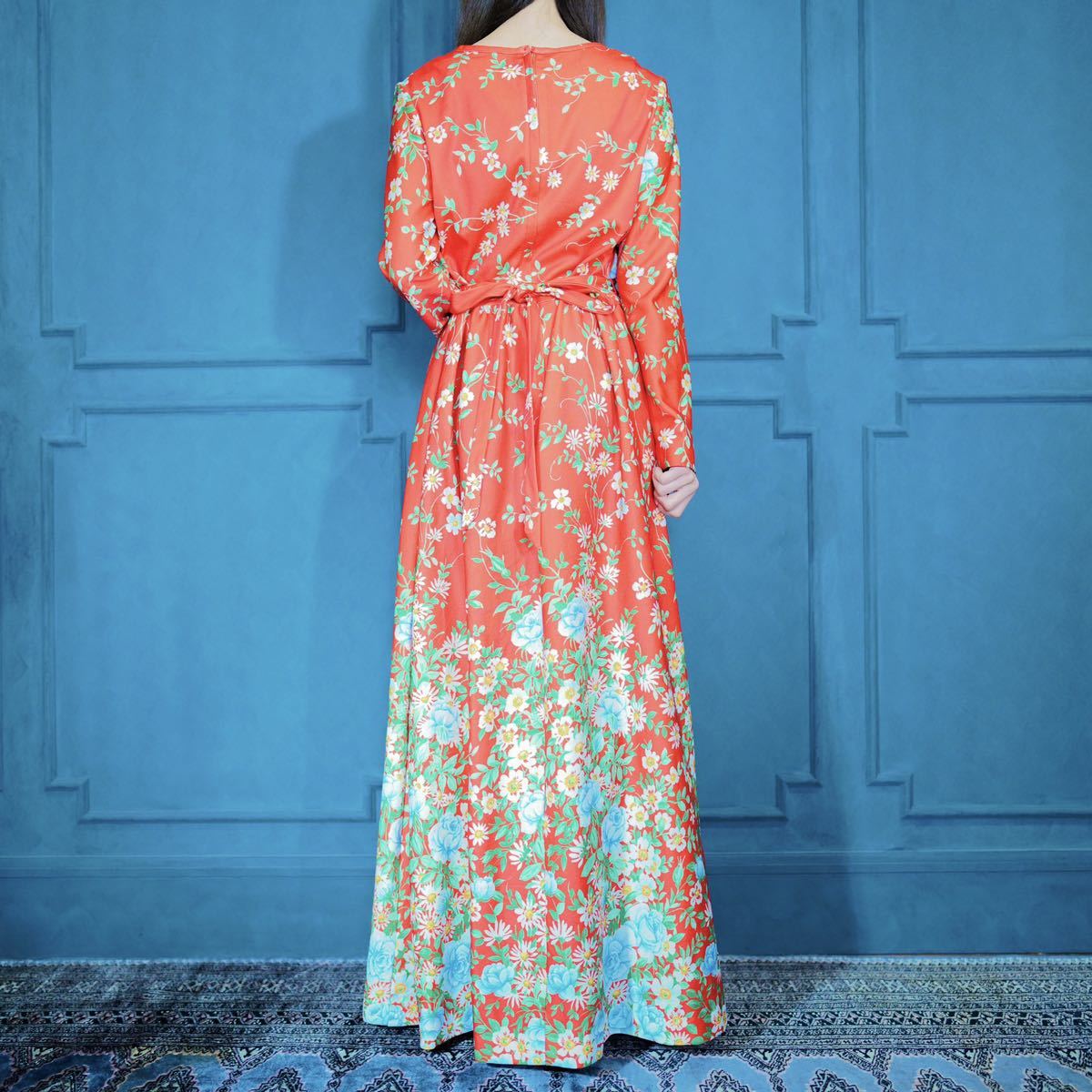 70's USA VINTAGE FLOWER PATTERNED BELTED LONG DRESS ONE PIECE/70年代アメリカ古着花柄ベルテッドロングドレスワンピース_画像4