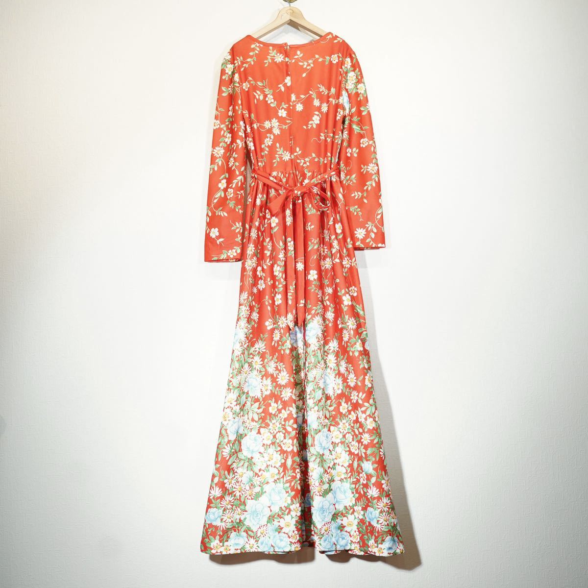 70's USA VINTAGE FLOWER PATTERNED BELTED LONG DRESS ONE PIECE/70年代アメリカ古着花柄ベルテッドロングドレスワンピース_画像6