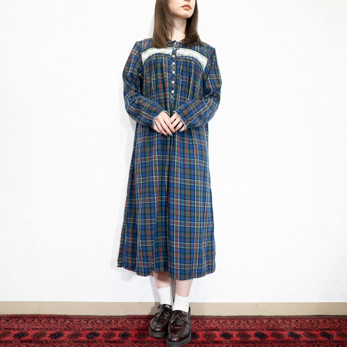 USA VINTAGE CHECK PATTERNED LACE DESIGN ONE PIECE/アメリカ古着チェック柄レースデザインワンピース_画像1