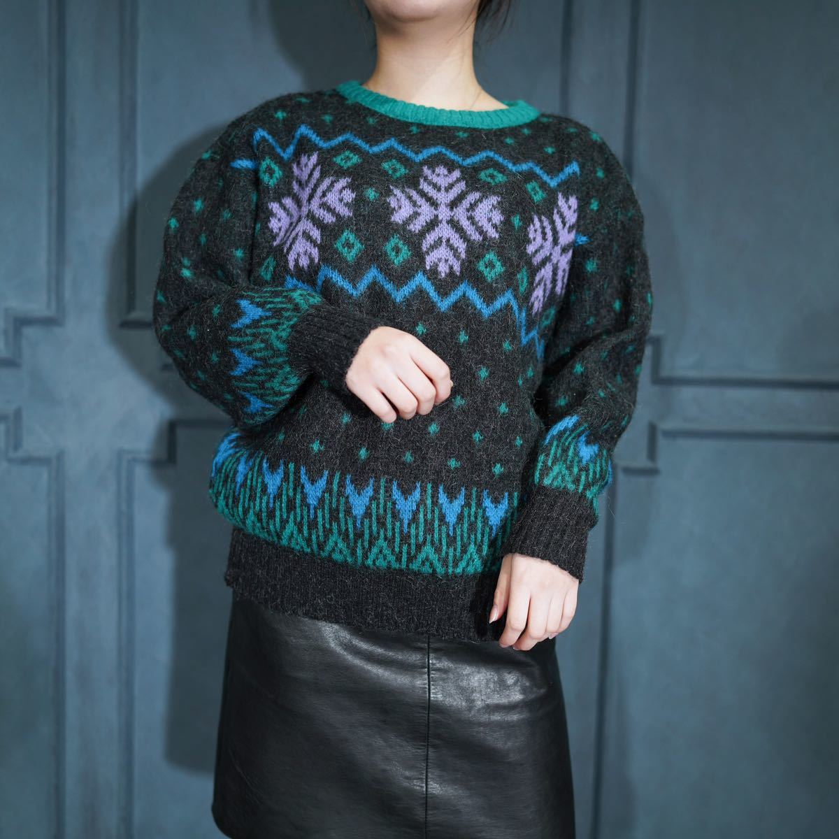 EU VINATGE Alafoss icewool ICALANDIC PATTERNED DESIGN KNIT MADE IN ICELAND/ヨーロッパ古着アイスランディック柄デザインニット