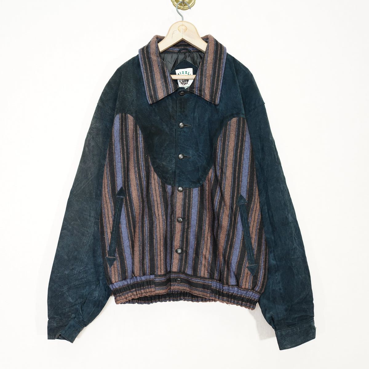 *SPECIAL ITEM* USA VINTAGE GRIZZLY OUT FITTERS STRIPE PATTERNED WOOL LEATHER JACKET/アメリカ古着ストライプ柄ウールレザージャケット