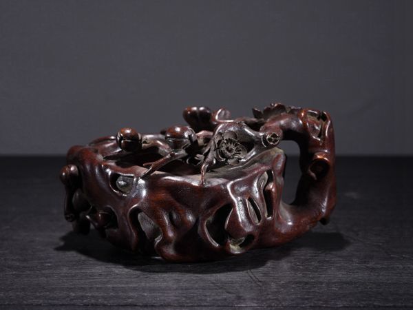 【瓏】花梨の木彫 梅花筆洗 時代物 極細工 手彫り 置物 擺件 中国古美術 蔵出