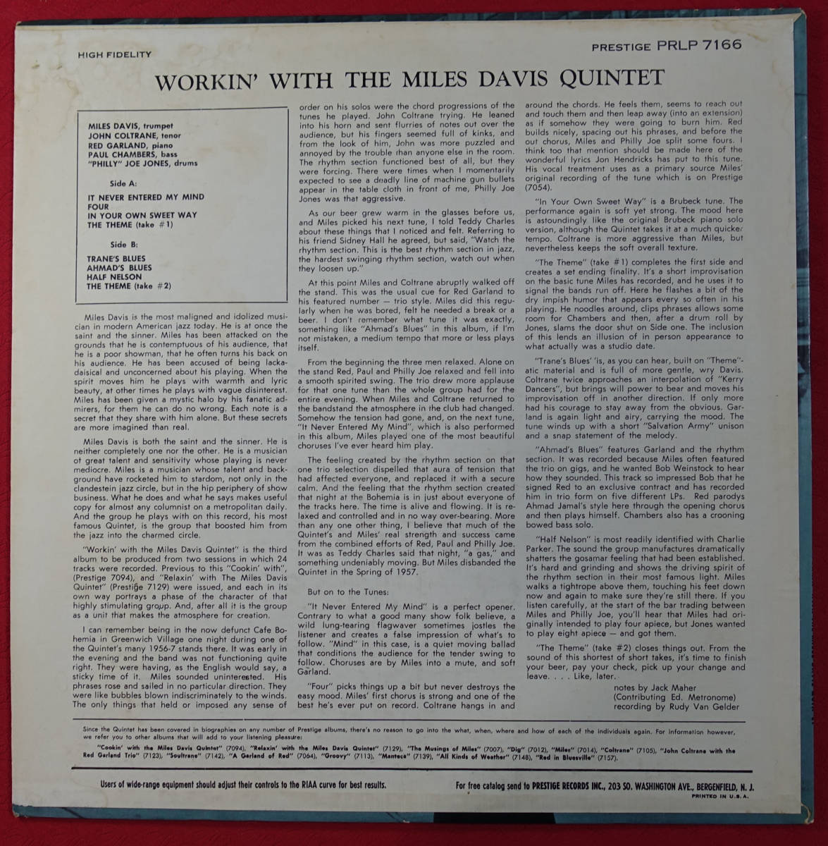 極上品! US PRESTIGE PRLP 7166 オリジナル WORKIN’ / Miles Davis Quintet NJ/DG/RVG_画像2