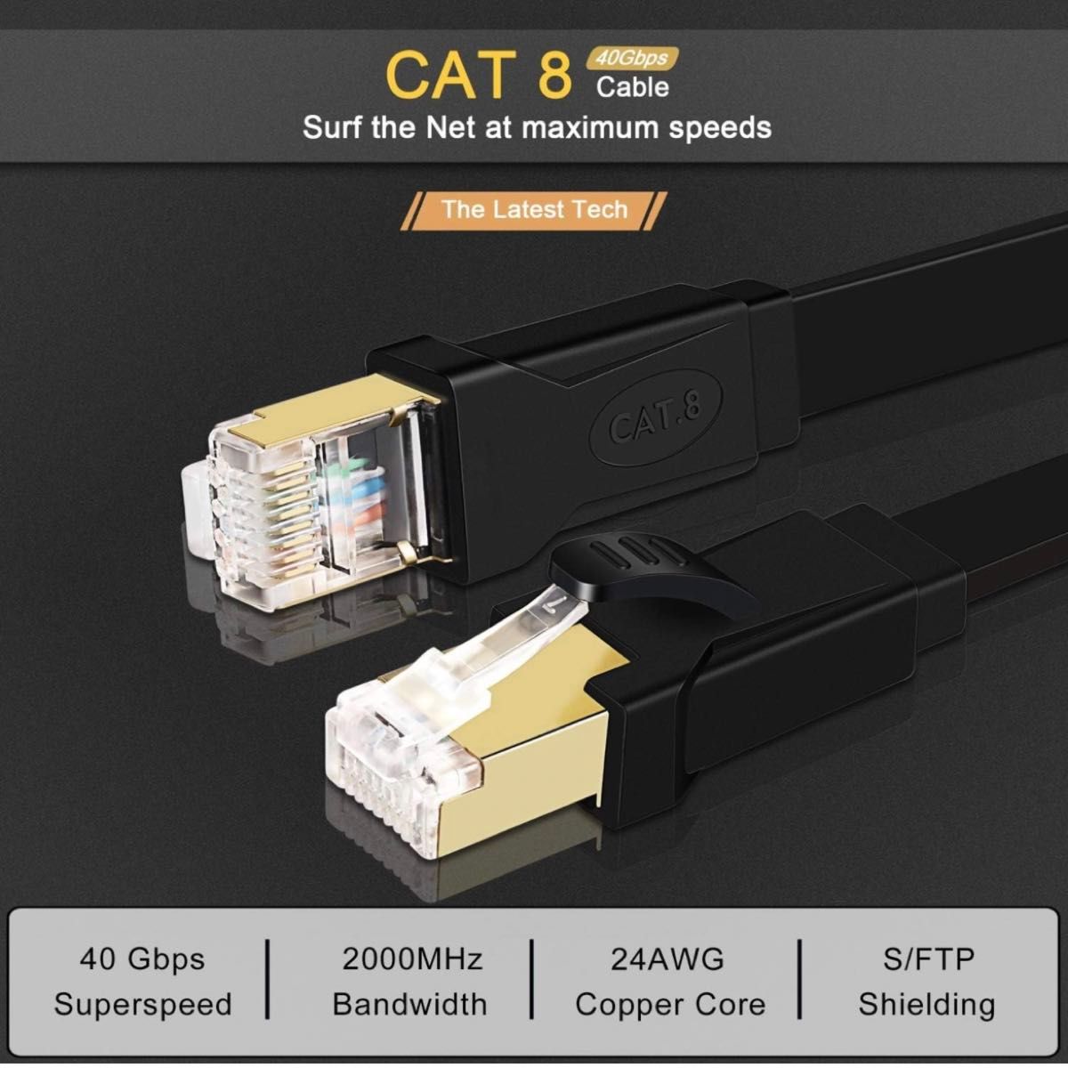 QING CAOQING LANケーブル CAT8準拠 スーパーフラット イーサネットケーブル RJ45コネクタ 3M