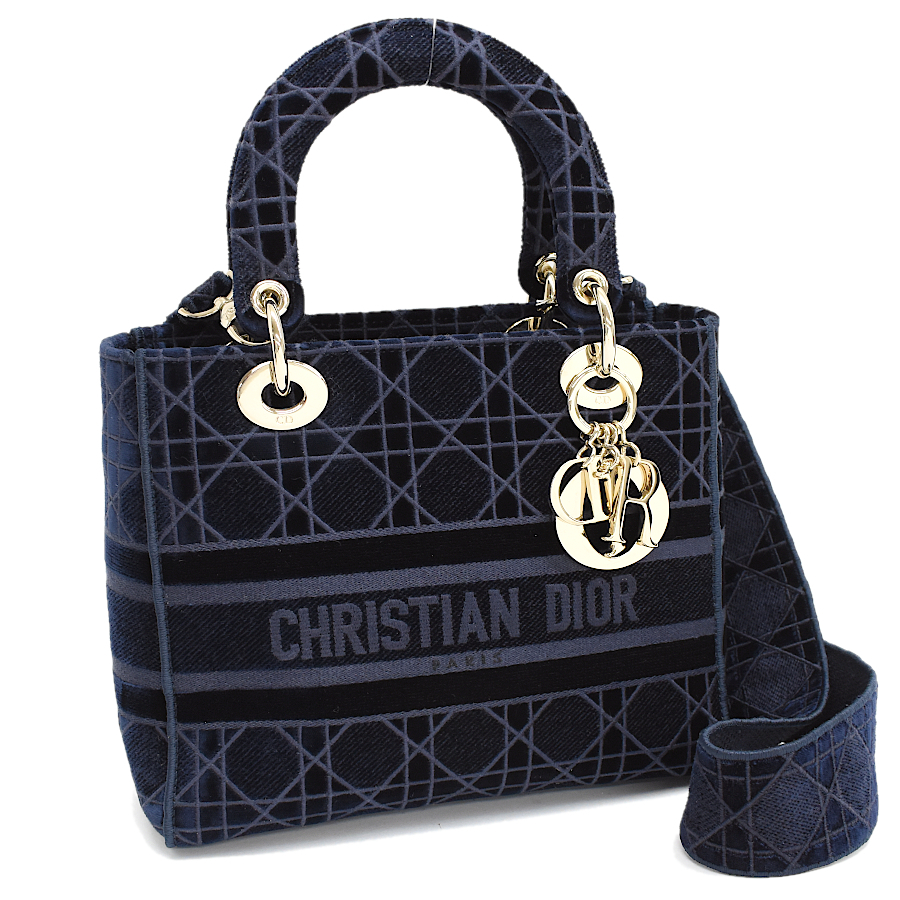 クリスチャンディオール レディディーライト ミディアム ハンドバッグ ベルベット ネイビー Christian Dior