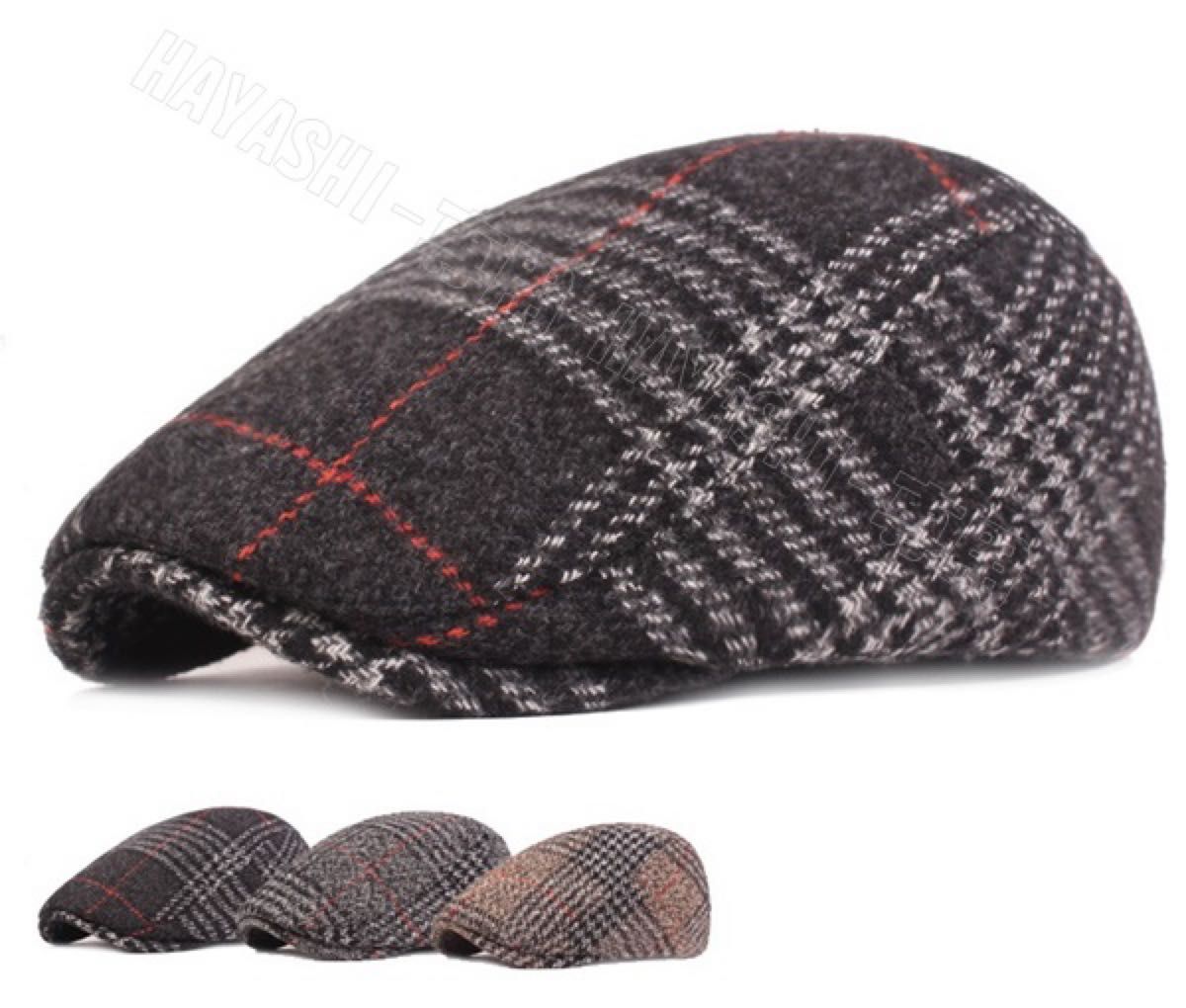 秋冬最新モデルベレー帽　ハンチング帽子 レトロフレンチ キャップ   チェック柄　ブラック　送料無料
