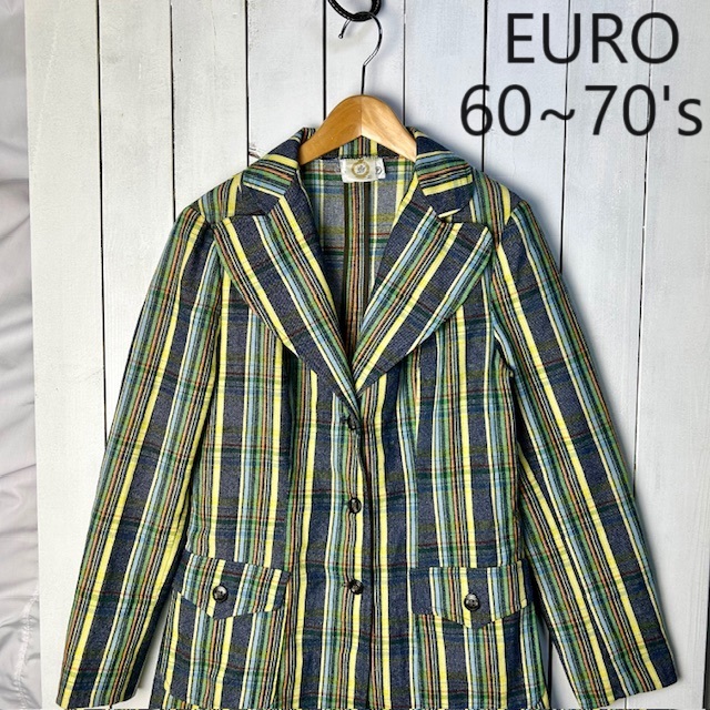 EURO古着 60s～70s ストライプチェック 薄手ウール系 テーラードジャケット 40 オールド ヴィンテージ ヨーロッパ古着 レトロ ユーロ●162