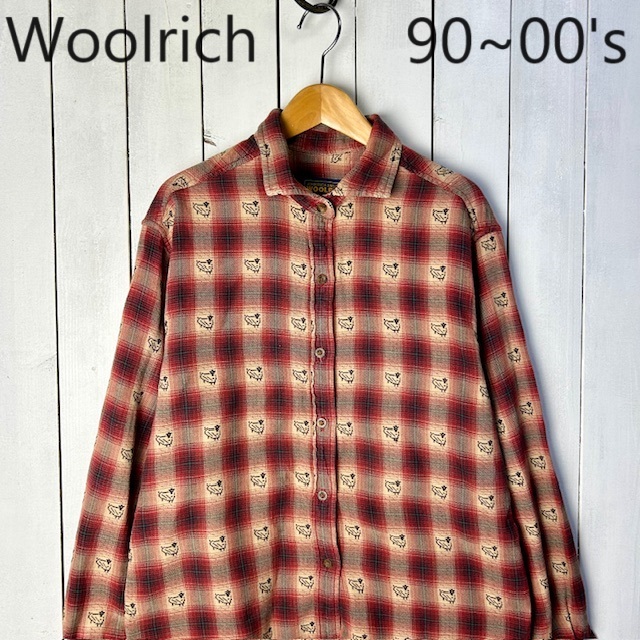 90s～00s WOOLRICH オンブレチェック×羊柄 ライトネルシャツ M～L オールド ウールリッチ コットン シャドーチェック 薄手 ●645