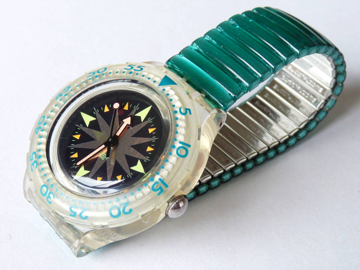 未使用電池交換済 美品 スウォッチ Swatch スクーバ 1994年モデル Mint Drops 品番SDK109 蛇腹ベルト スモールサイズの画像3