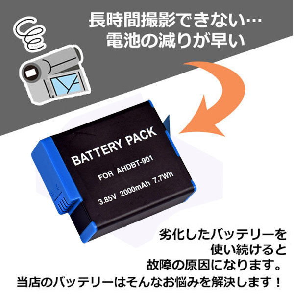 2個セット GoPro対応 HERO12/11/10/9 対応バッテリー ゴープロ AHDBT-901対応 hero12 hero11 hero10 hero9 バッテリー_画像2