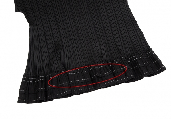 プリーツプリーズPLEATS PLEASE 裾異素材切替プリーツハイネックフレンチスリーブトップス 黒4_若干色あせがあります。