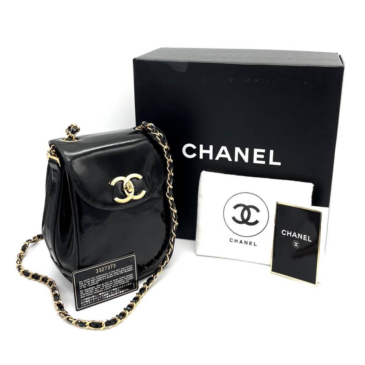 良品 CHANEL シャネル デカ ココマーク ターンロック エナメル パテント レザー チェーン ショルダー バッグ dD0170H_画像1