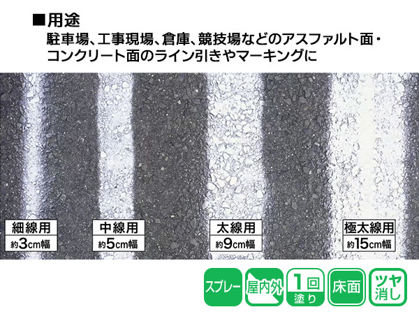 アサヒペン 道路線引き用スプレー 400ml 黄 極太線用 約15cm ツヤ消し 不透明 屋内 屋外 塗装 塗料 DIY 駐車場 倉庫 マーキング_画像2