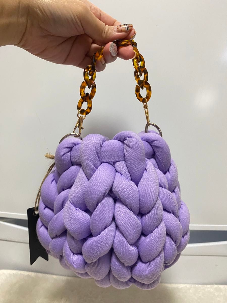 バッグ　マンドゥバッグ　毛糸　紫　パープル　ハンドバッグ　ショルダーバッグ　チェーンバッグ　ハンドメイド