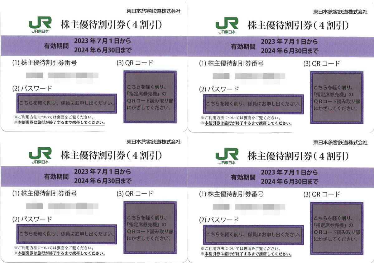 東日本旅客鉄道株主優待株主優待割引券(4枚) 有効期限:2024.6.30 運賃