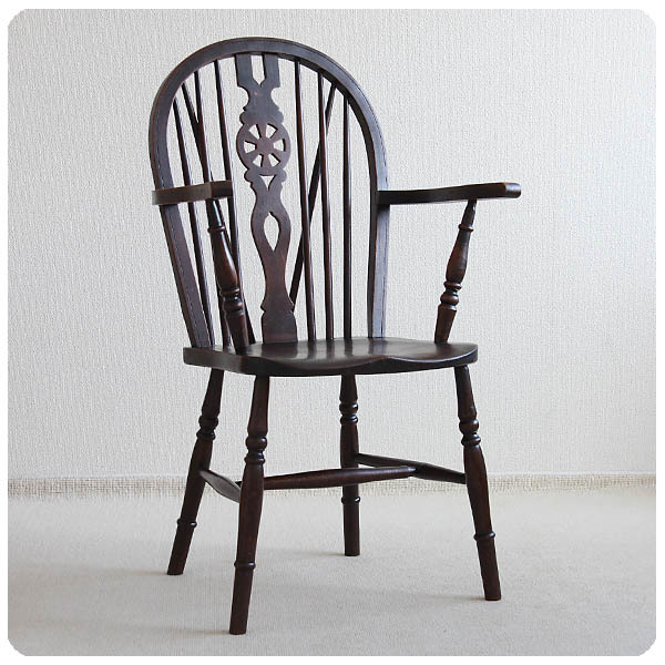 イギリス アンティーク アームチェア ホイールバック 木製椅子 家具「車輪のモチーフ」P-164_画像1